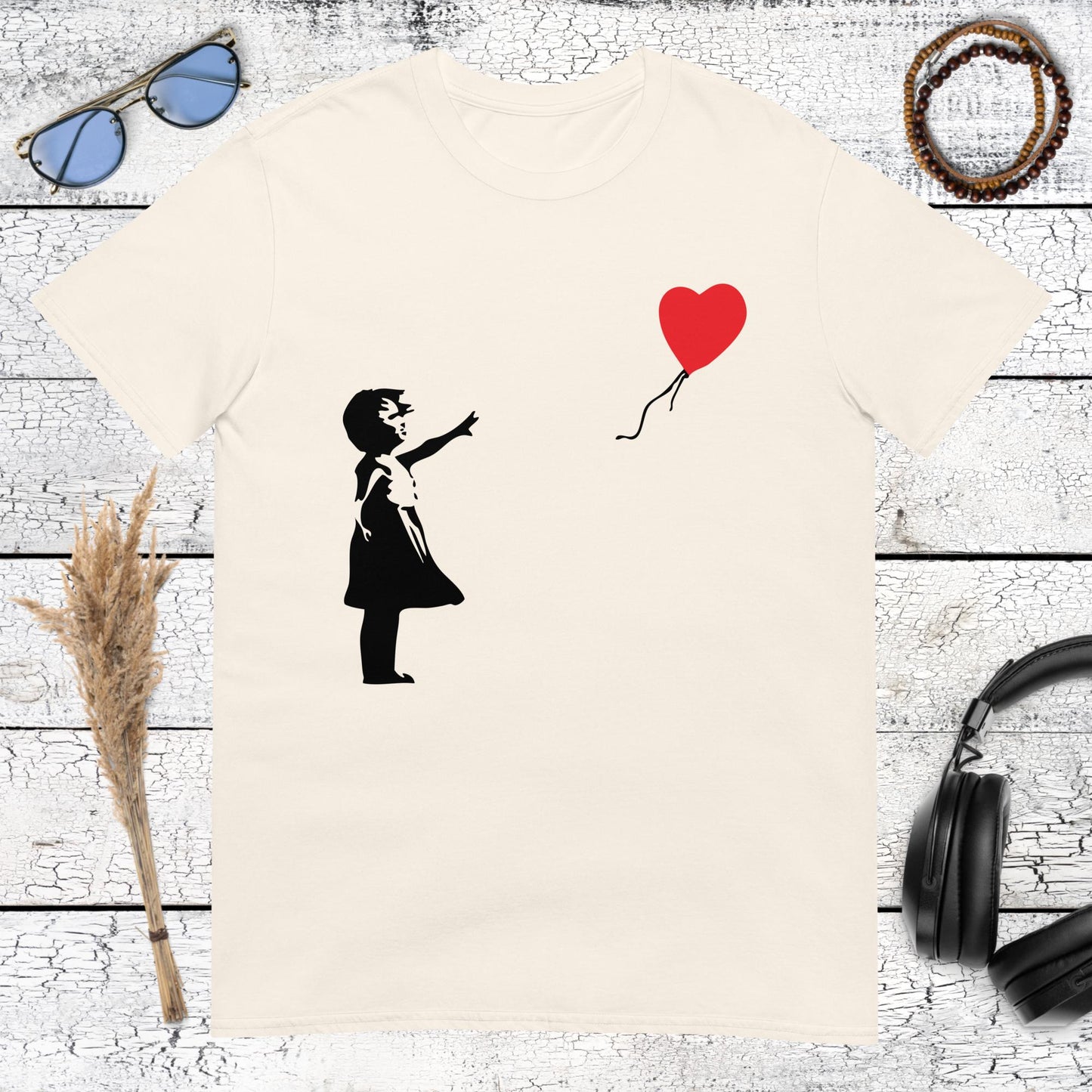 Natural cream t-shirt with iconic Banksy Girl with Balloon illustration