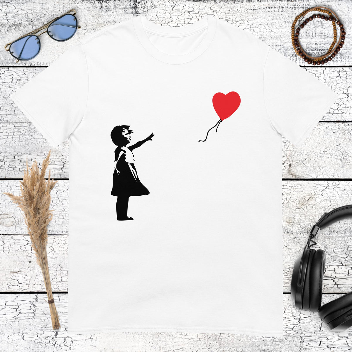 White t-shirt with classic Banksy Girl with Balloon red heart graphic art