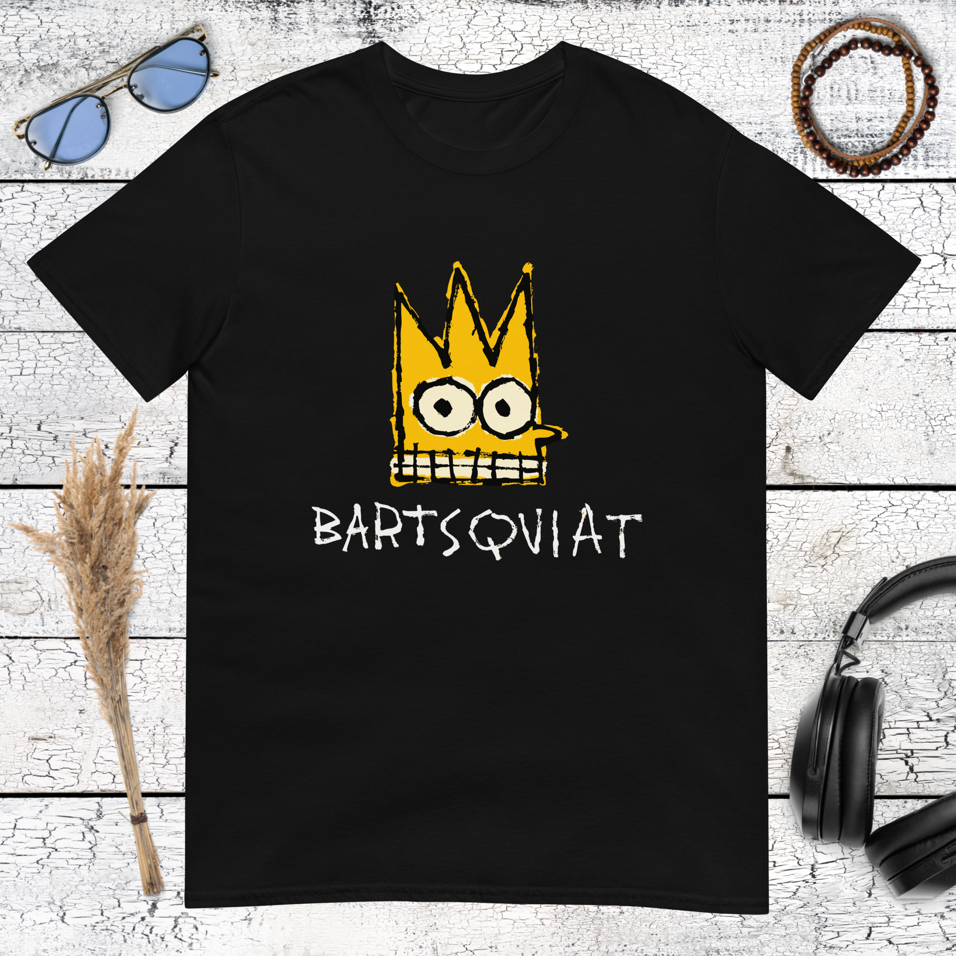 Black t-shirt featuring Bartsquiat, a Basquiat-style Bart Simpson graphic with crown