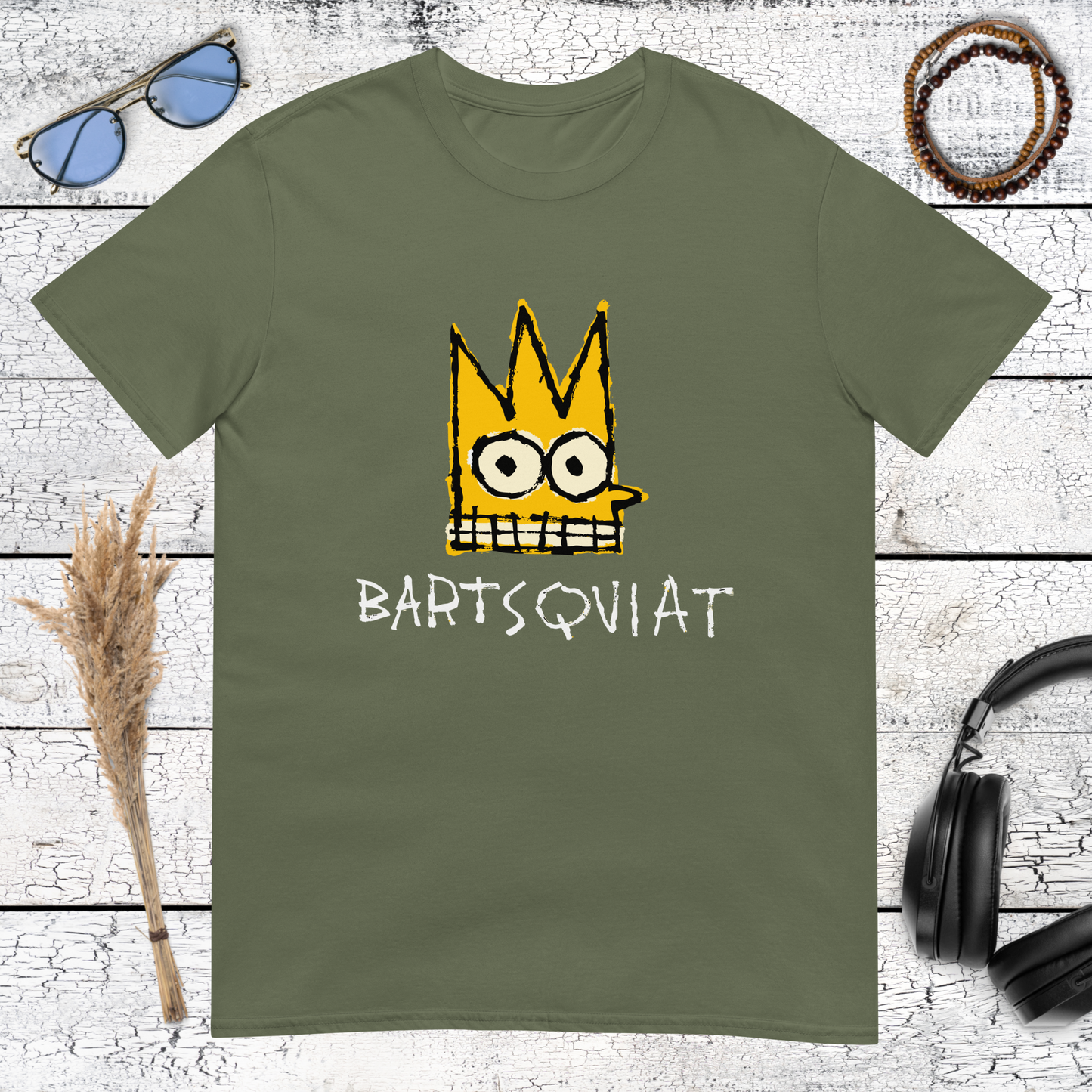 Military green t-shirt with Basquiat inspired Bart Simpson crown graphic