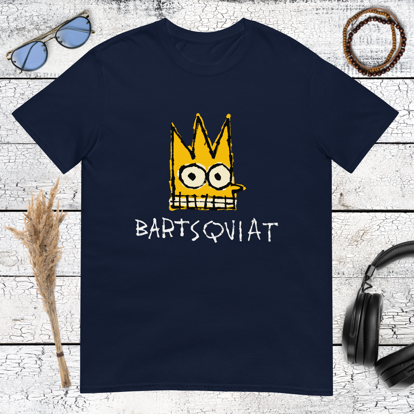 Navy blue t-shirt with Bart Simpson crowned in Jean-Michel Basquiat art style