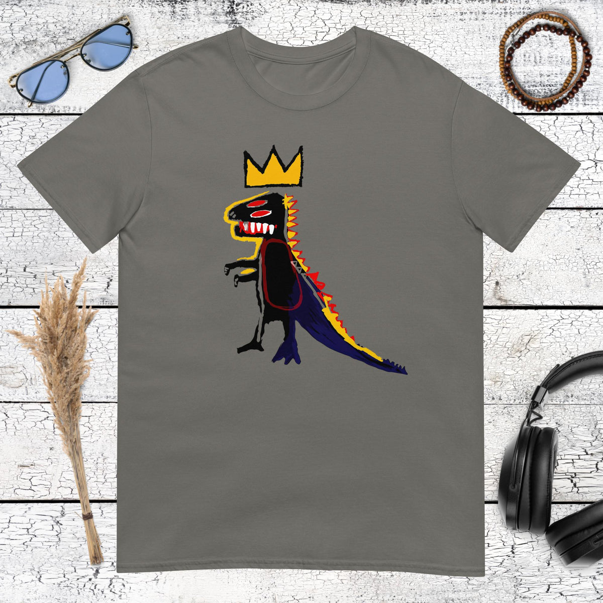 charcoal grey t-shirt with Basquiat inspired crown dinosaur