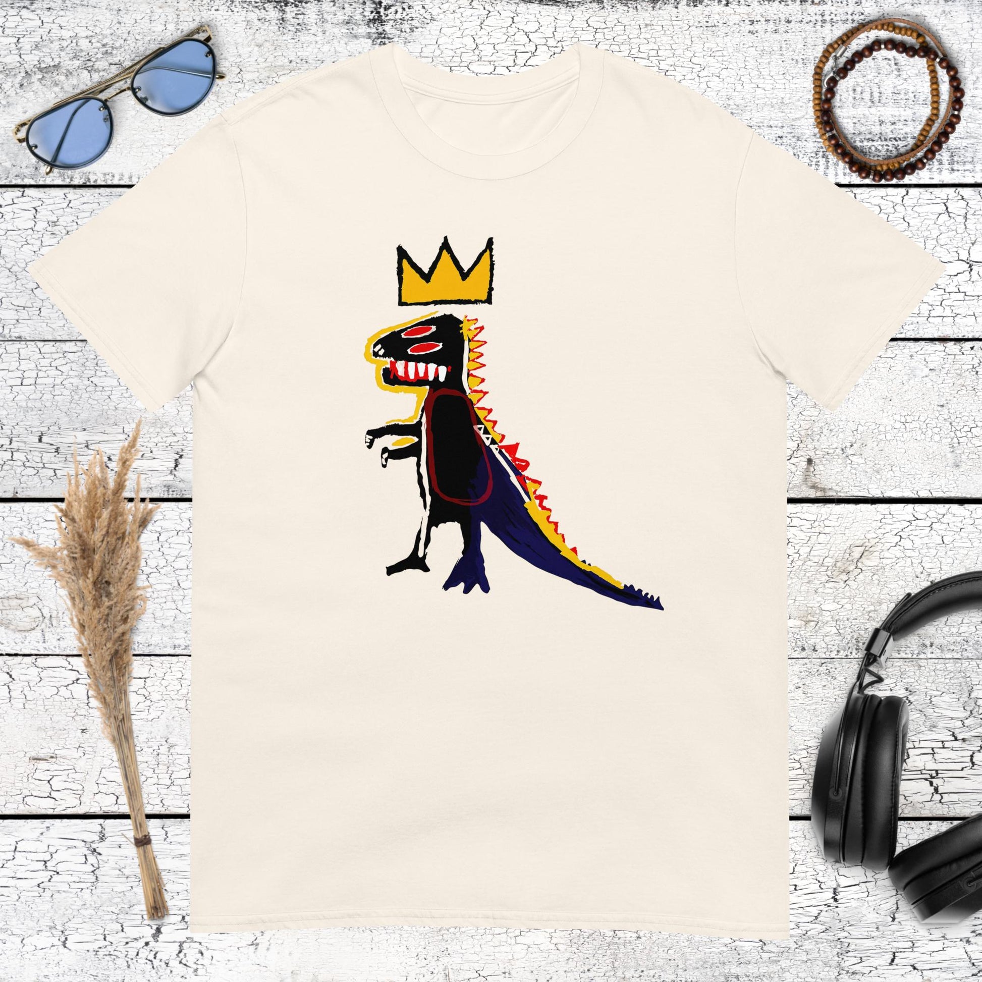 Jean-Michel Basquiat inspired crowned dinosaur graphic on cream t-shirt