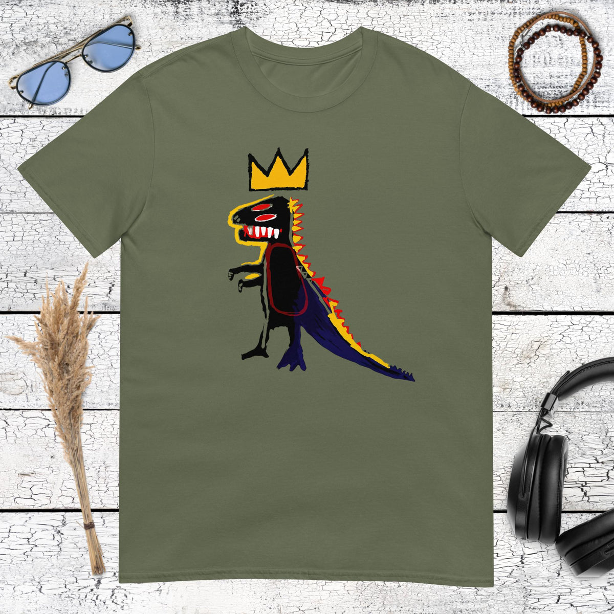 Military green streetwear tee with Basquiat dinosaur crown art