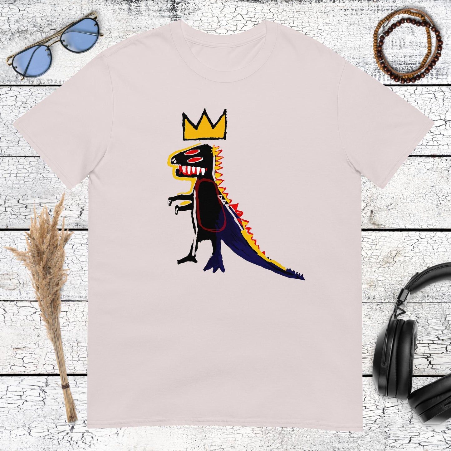 Ice grey urban art t-shirt featuring crowned dino Basquiat style