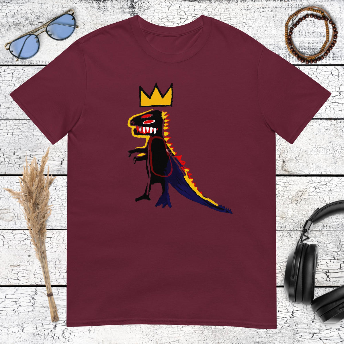 Maroon graphic tee with Basquiat inspired dinosaur illustration