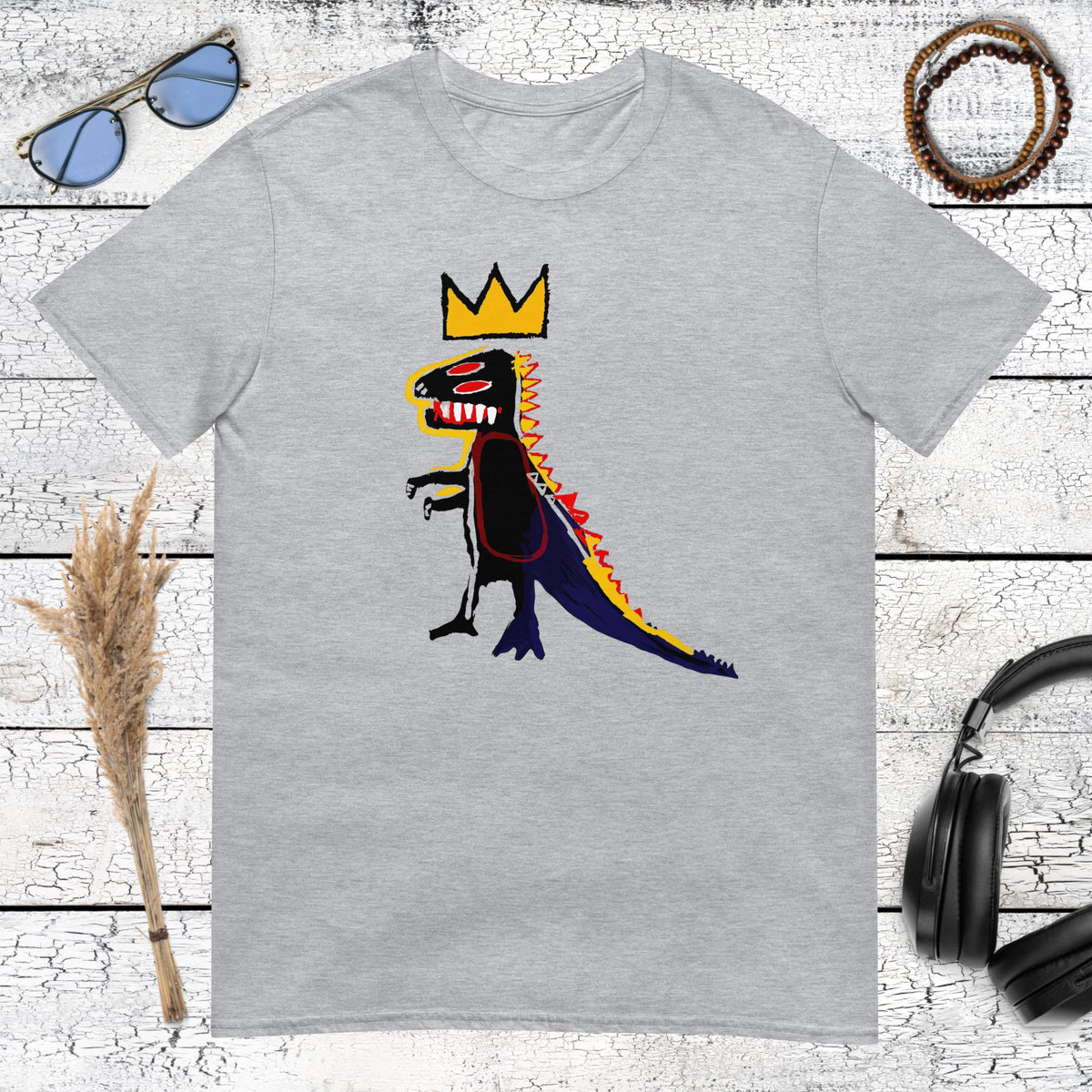 sport grey Basquiat style t-shirt with iconic crowned dinosaur art