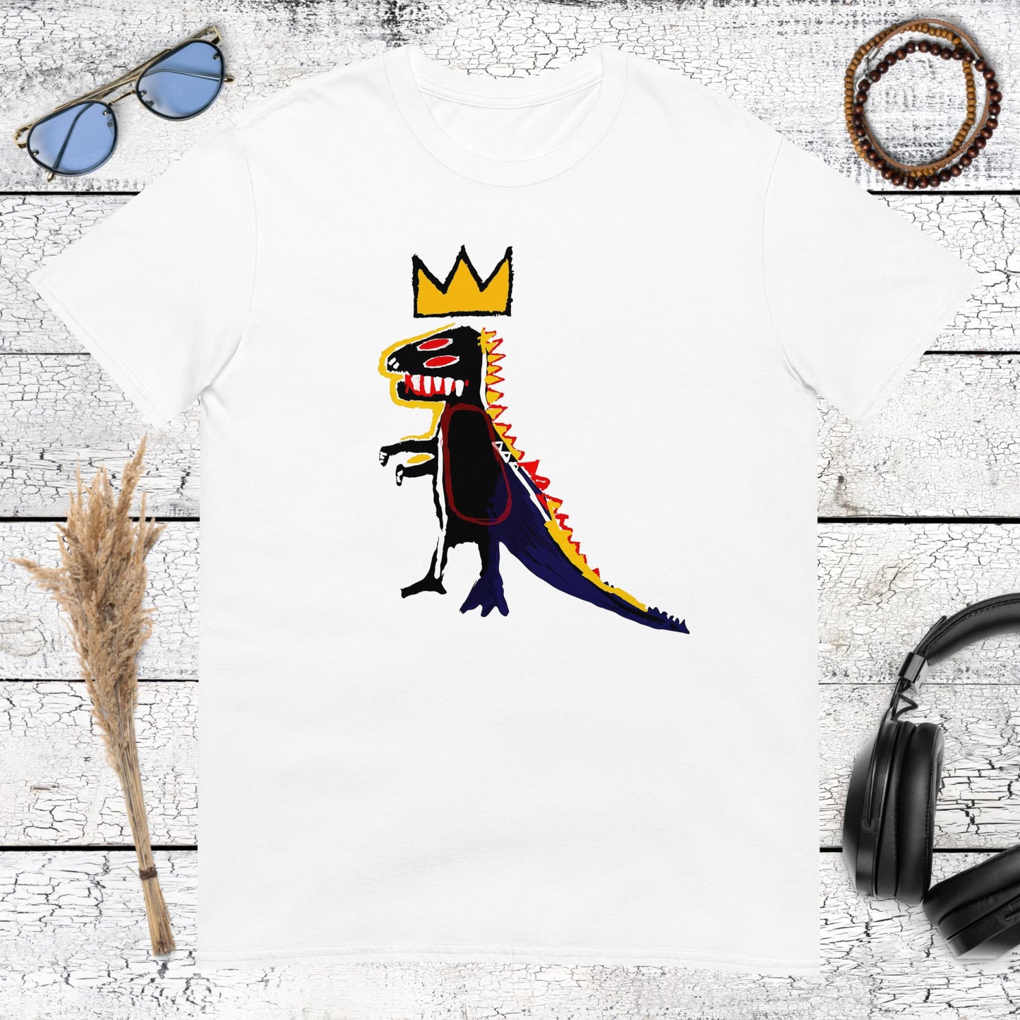 White Basquiat style t-shirt with iconic crowned dinosaur art