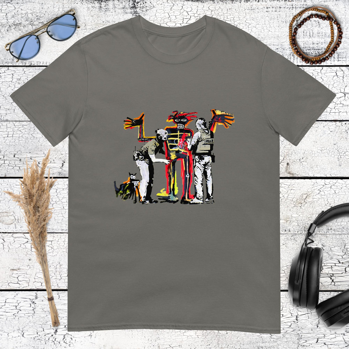 Dark charcoal t-shirt with colorful Basquiat police officer graphic