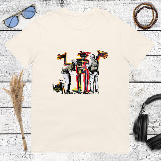 Natural cream t-shirt with Basquiat inspired social commentary art