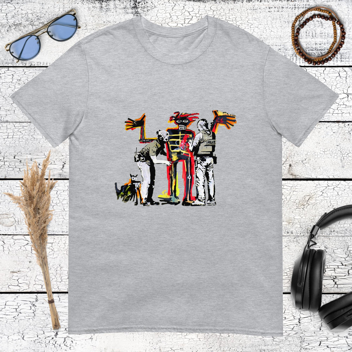 sport grey t-shirt with Basquiat Irony of Negro Policeman graphic