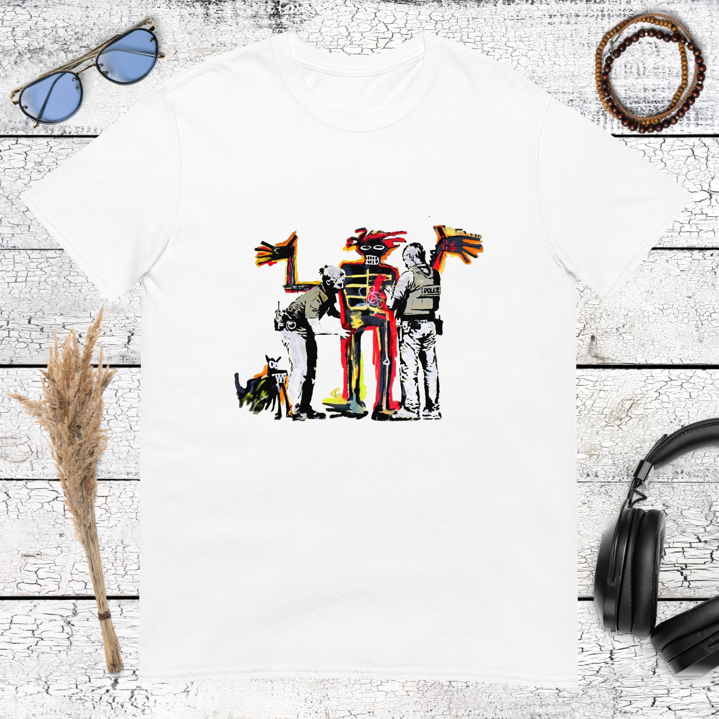 White cotton t-shirt featuring the iconic Irony of Negro Policeman art