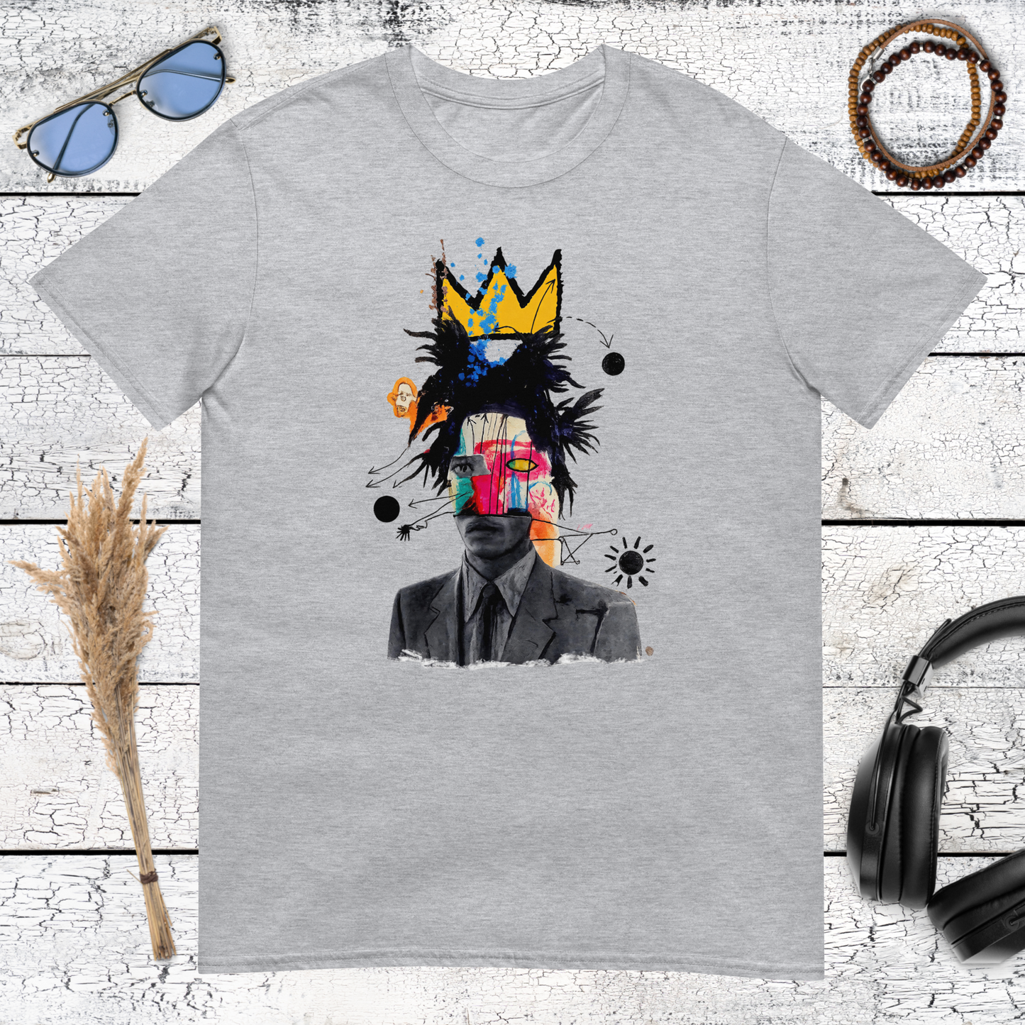 sport grey t-shirt featuring a Basquiat-style portrait collage with crown