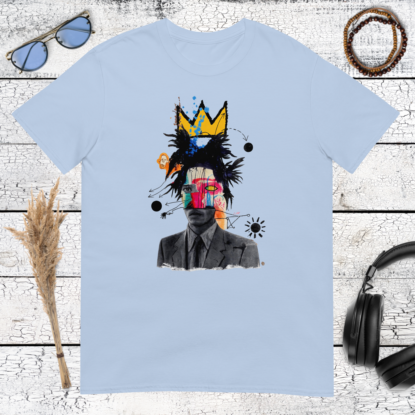 Light blue cotton t-shirt with contemporary art collage illustration