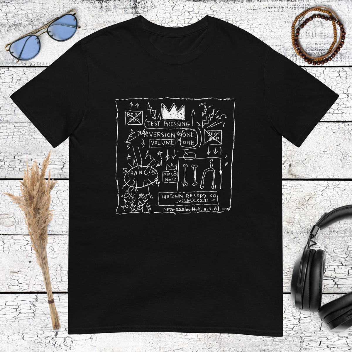 Black t-shirt with white Basquiat-style line art sketch and crown graphic