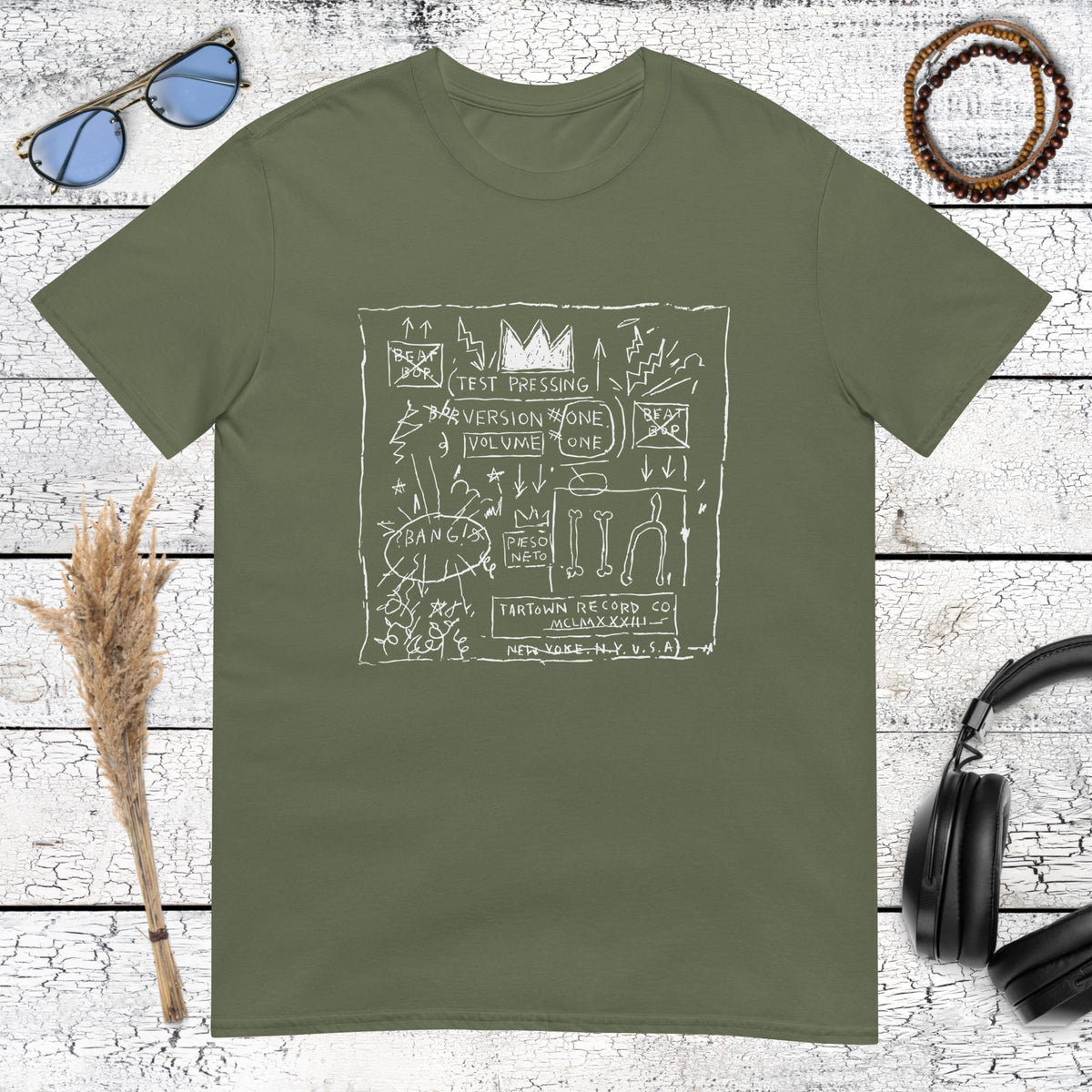 Military green t-shirt with urban streetwear sketch art illustration
