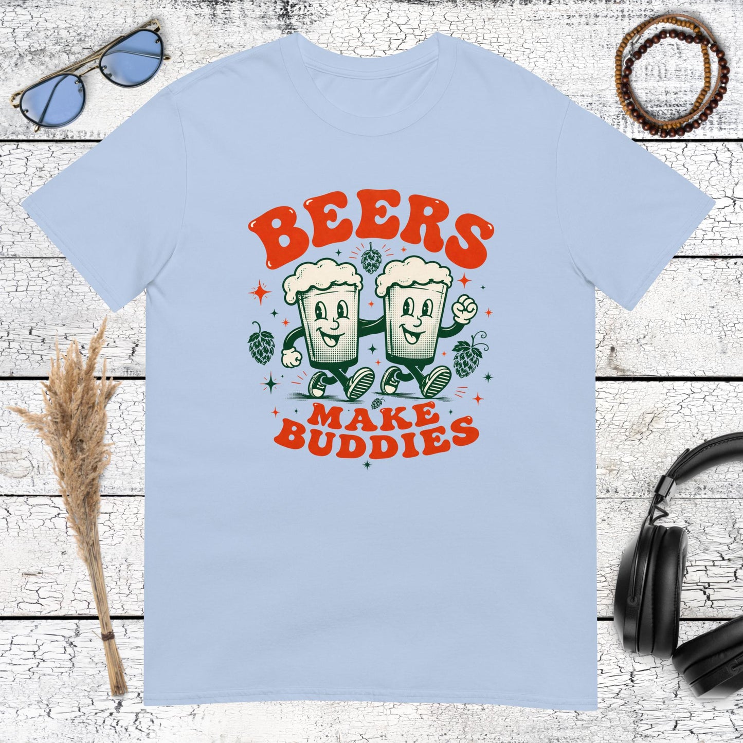Light blue cotton t-shirt with a retro beer buddies art illustration