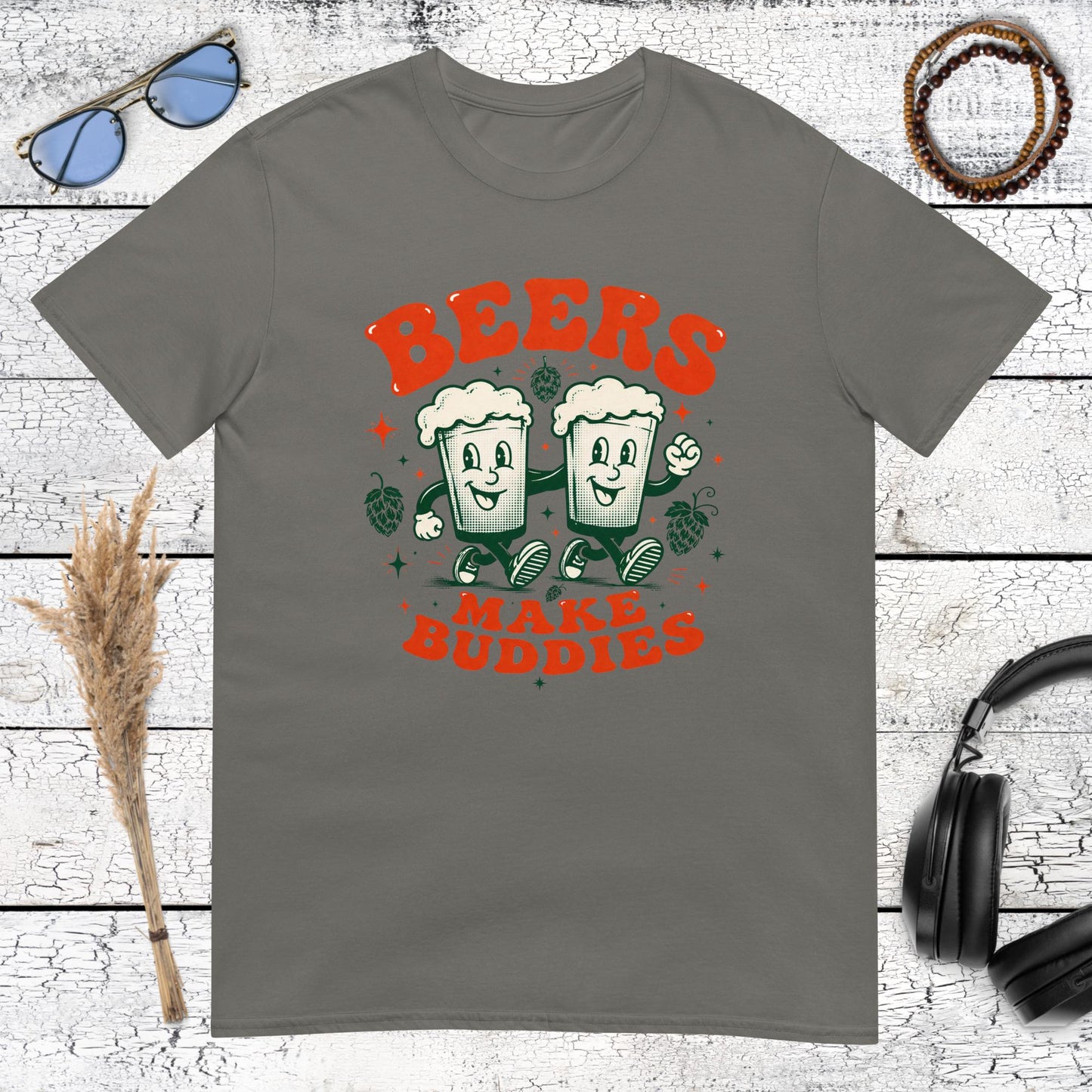 charcoal t-shirt with vintage style Beers Make Buddies graphic