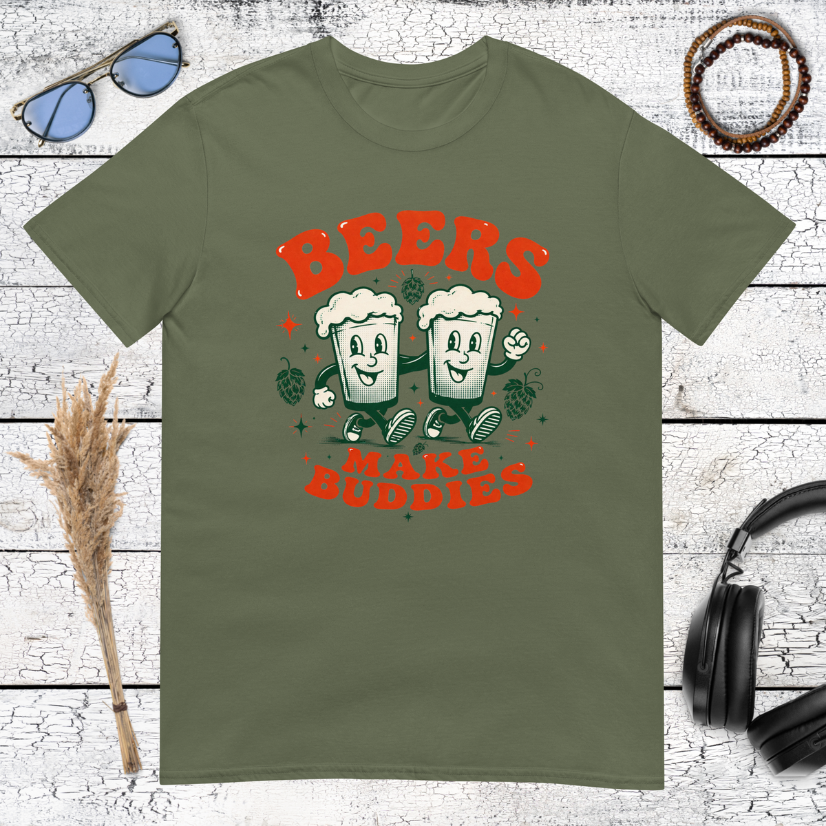 Military green t-shirt featuring a funny beer mascot parody