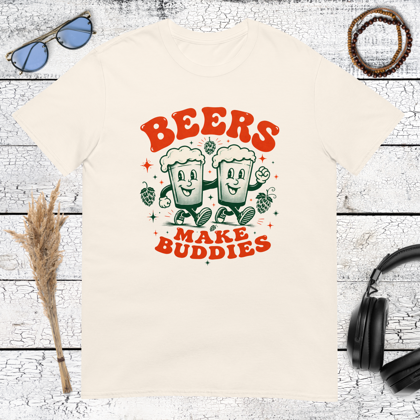 Natural cream t-shirt with vintage Beers Make Buddies beer character art