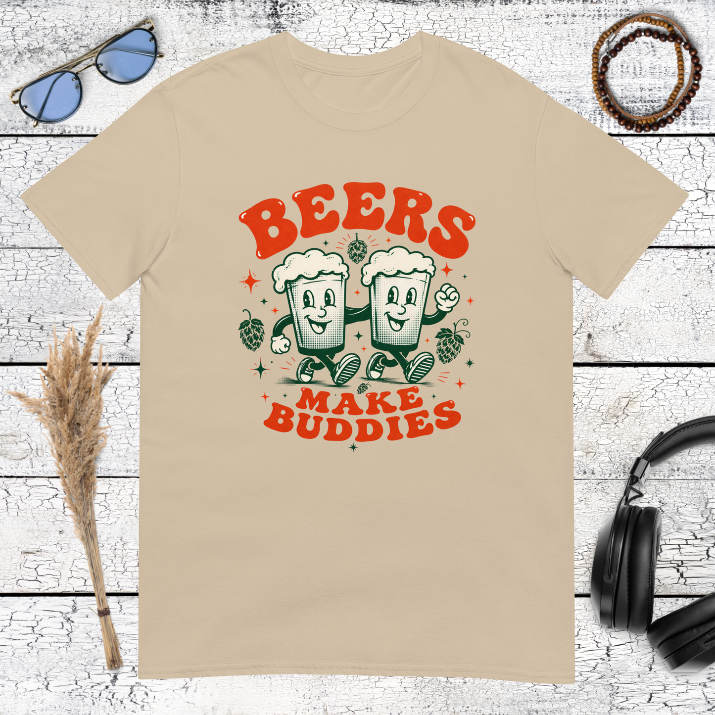 Sand colored t-shirt featuring a funny vintage drinking buddies illustration