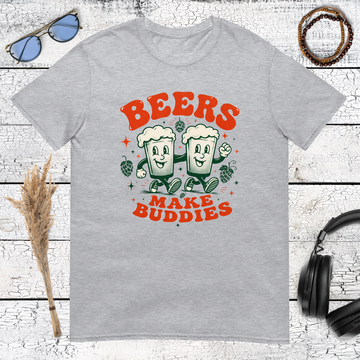 Sport grey t-shirt with a retro brewery style Beers Make Buddies design