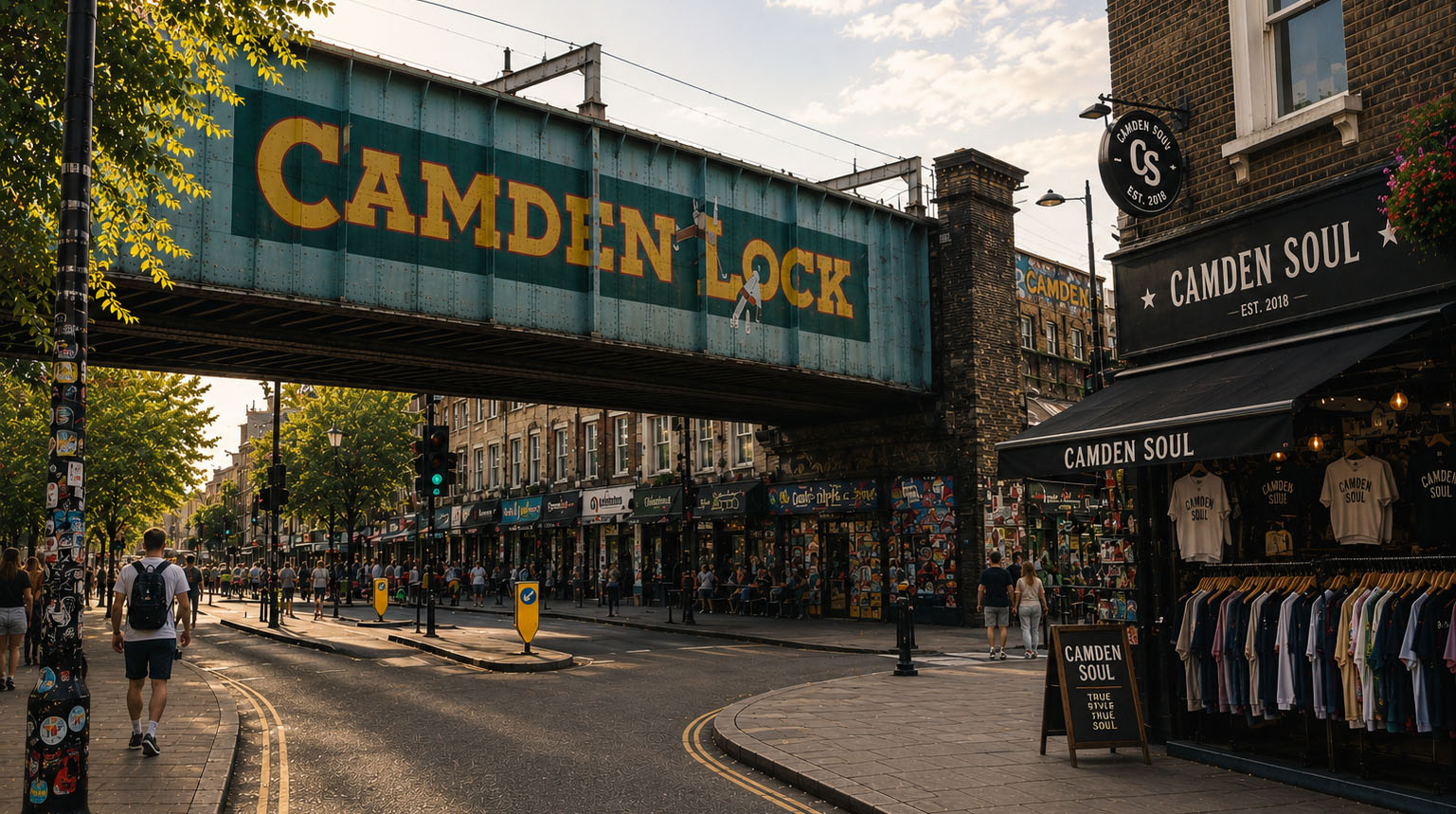 Camden Lock area with a sign and shops in London