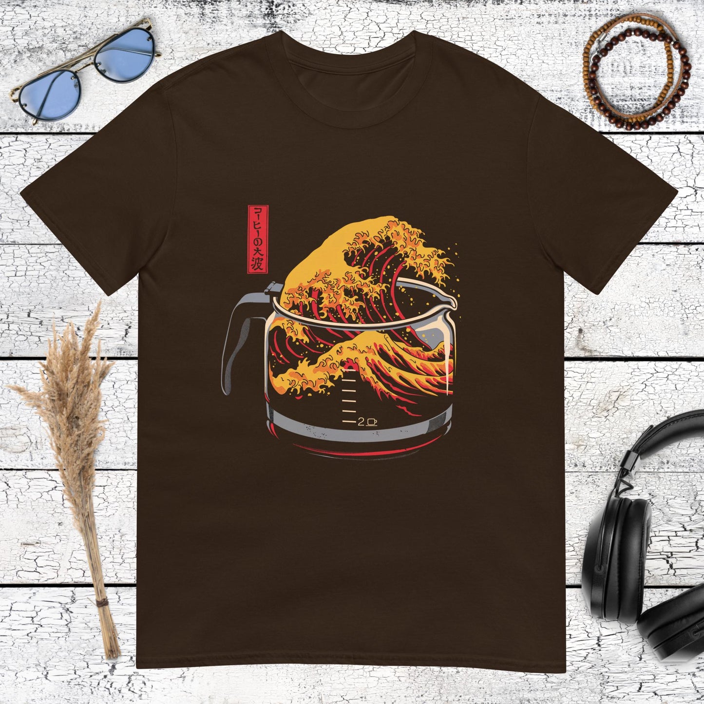 Dark brown coffee lover t-shirt featuring Hokusai style wave in a pot