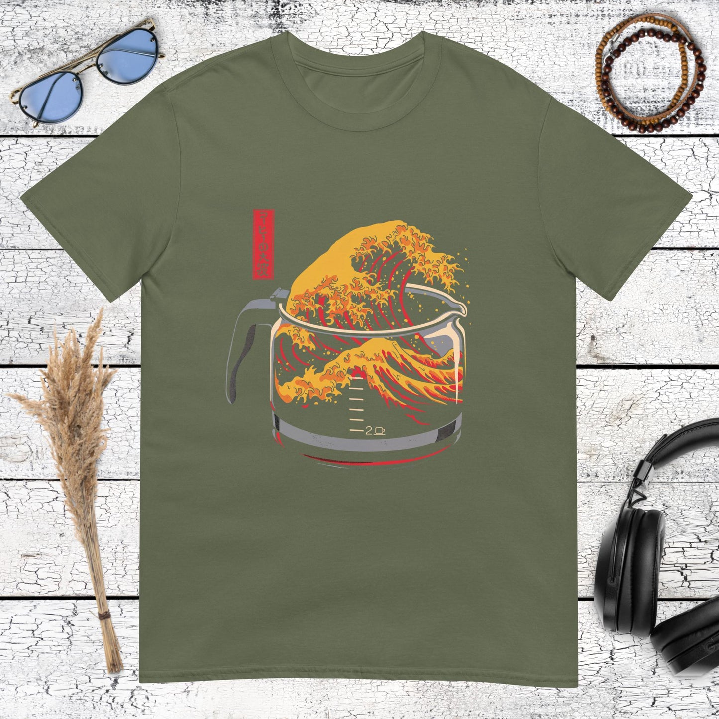 Military green t-shirt featuring a creative coffee wave art design