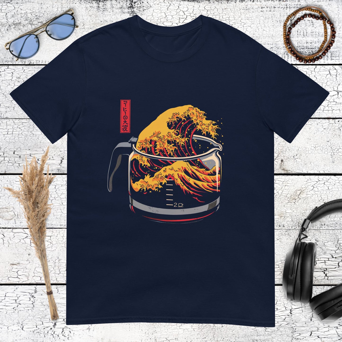 Navy blue t-shirt with a Japanese art inspired coffee pot graphic