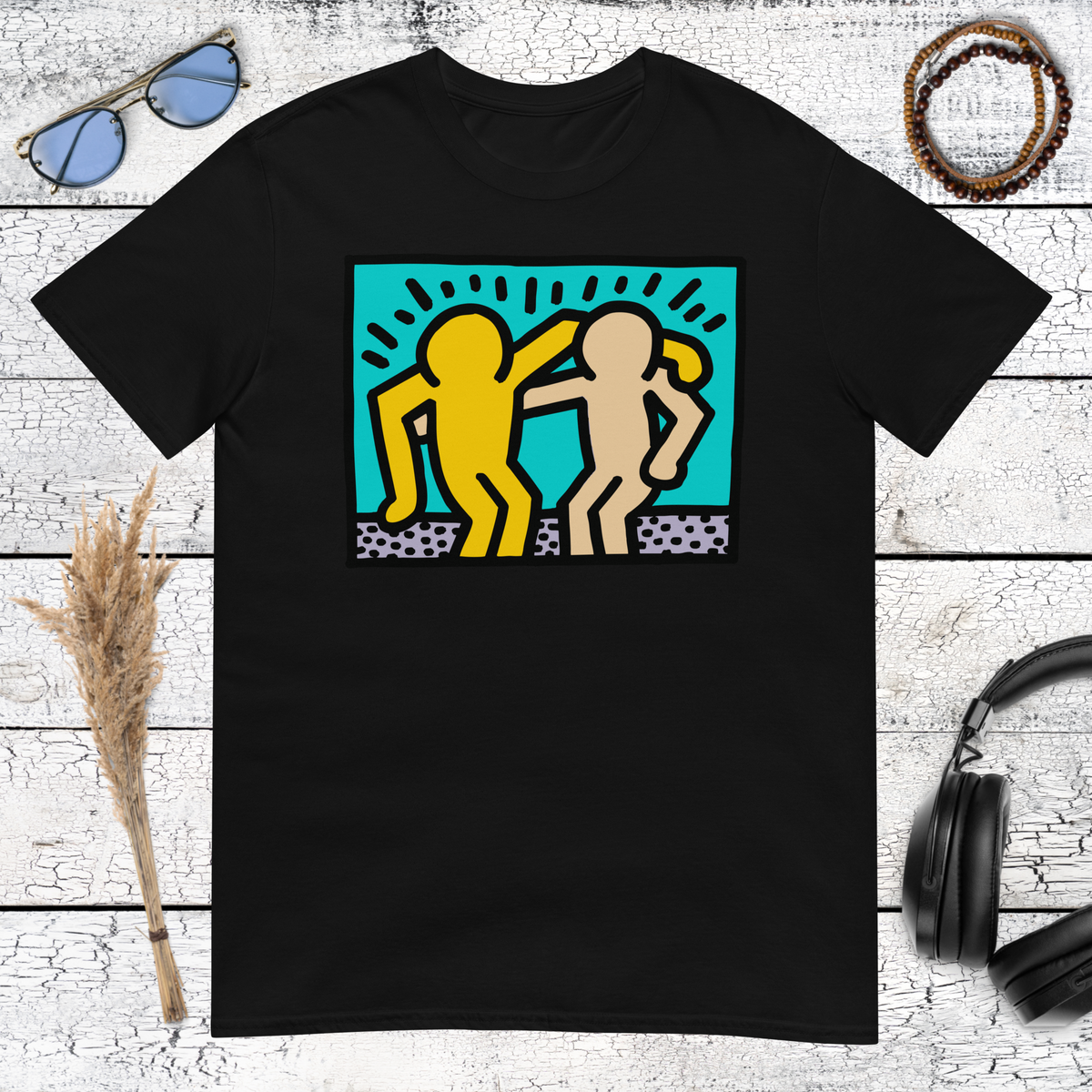 Black t-shirt with colorful Keith Haring style best friends graphic art