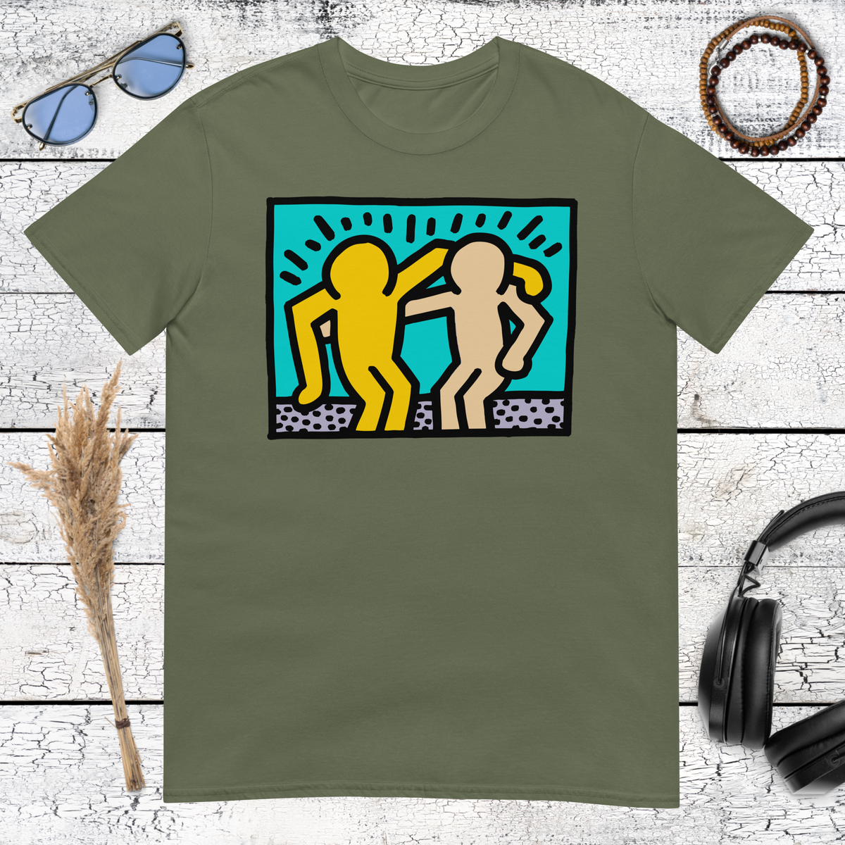Military green t-shirt with urban Keith Haring style friendship art