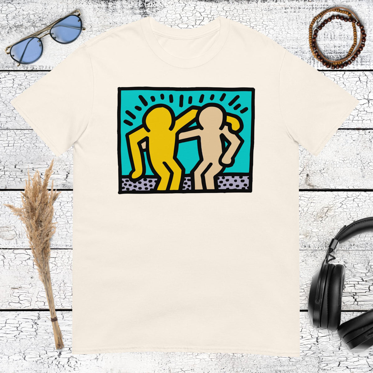 Natural cream t-shirt featuring a vintage Keith Haring friends graphic