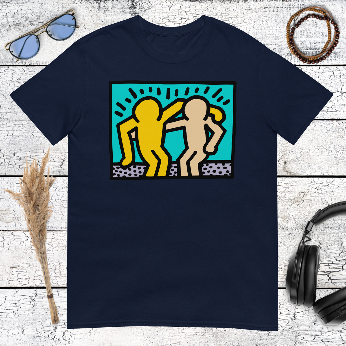 Navy blue t-shirt featuring Keith Haring inspired best friends illustration