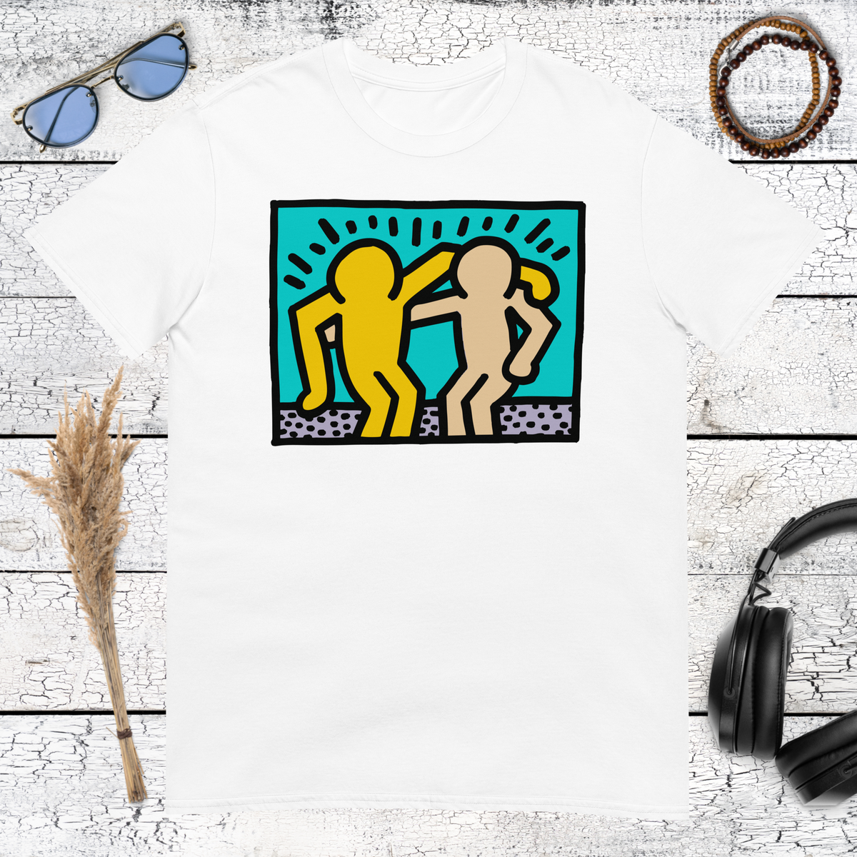 White cotton t-shirt with Keith Haring style dancing figures and heart