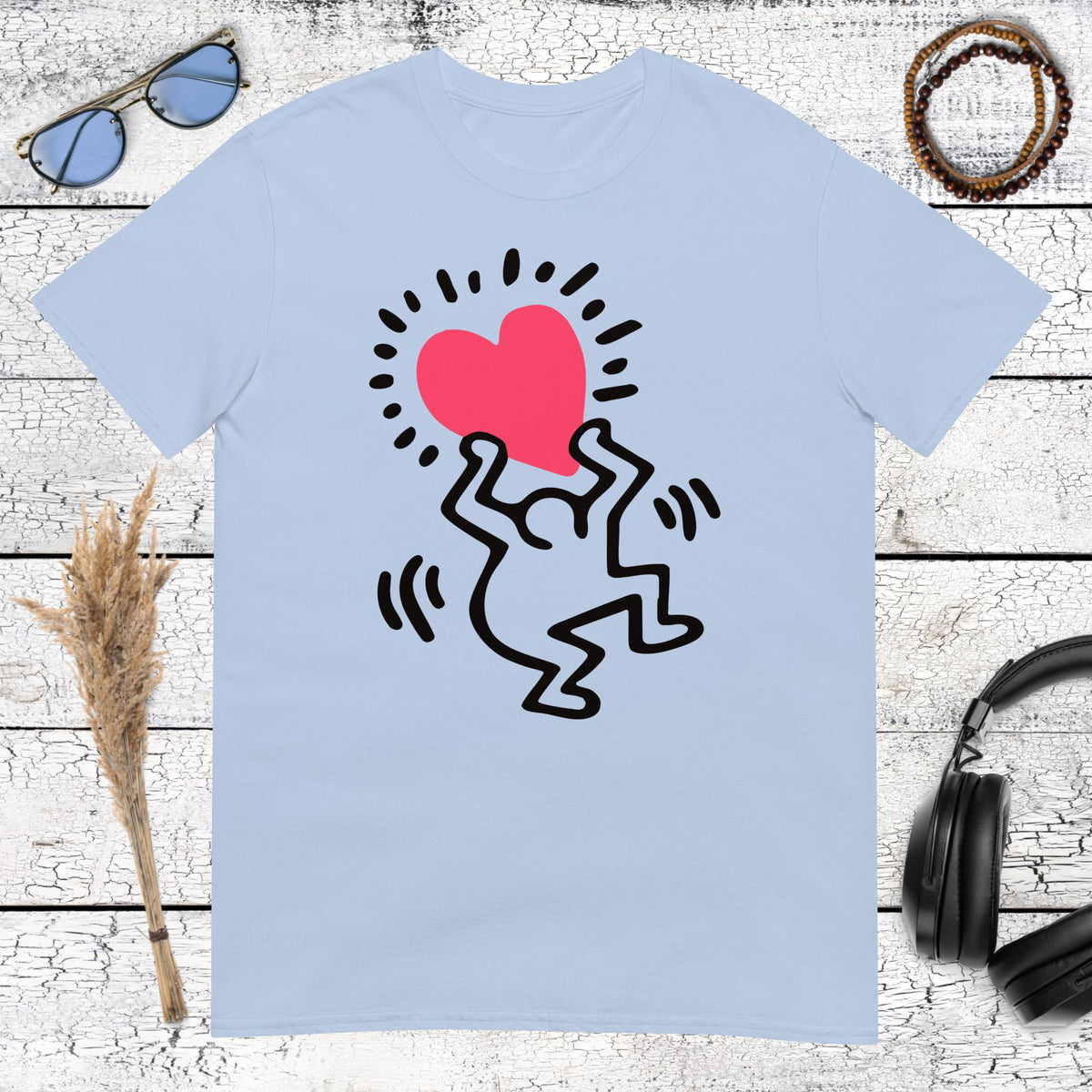 Light blue cotton t-shirt featuring a playful Keith Haring heart graphi