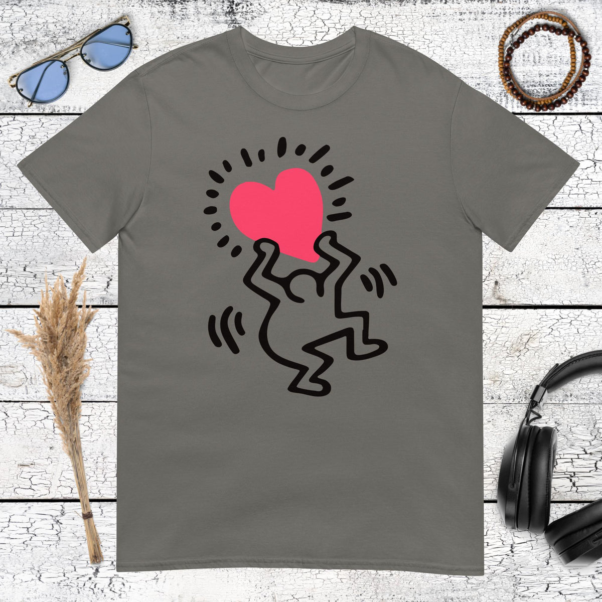 charcoal t-shirt with a pink Keith Haring heart art design
