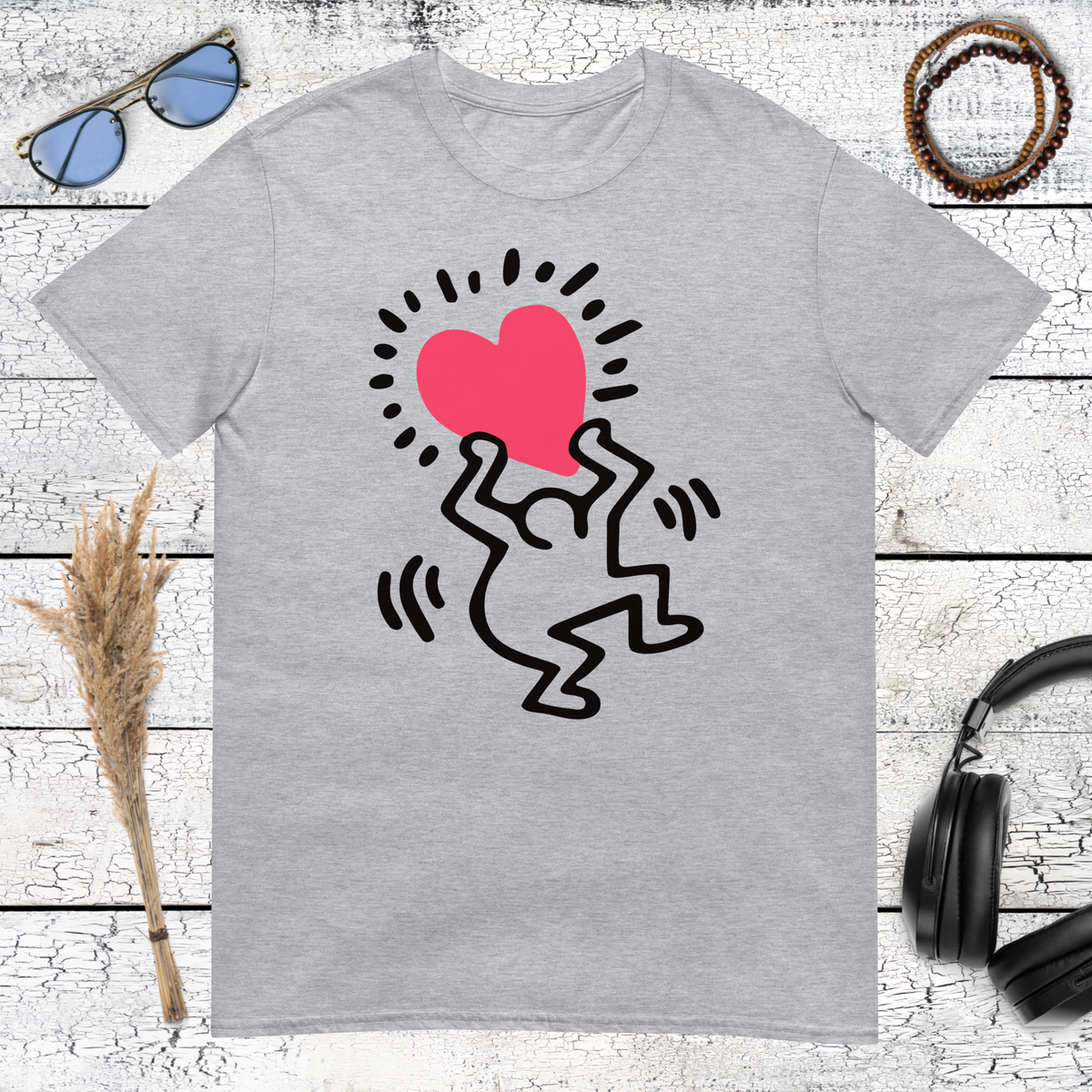 Heather grey t-shirt featuring the iconic Keith Haring heart design
