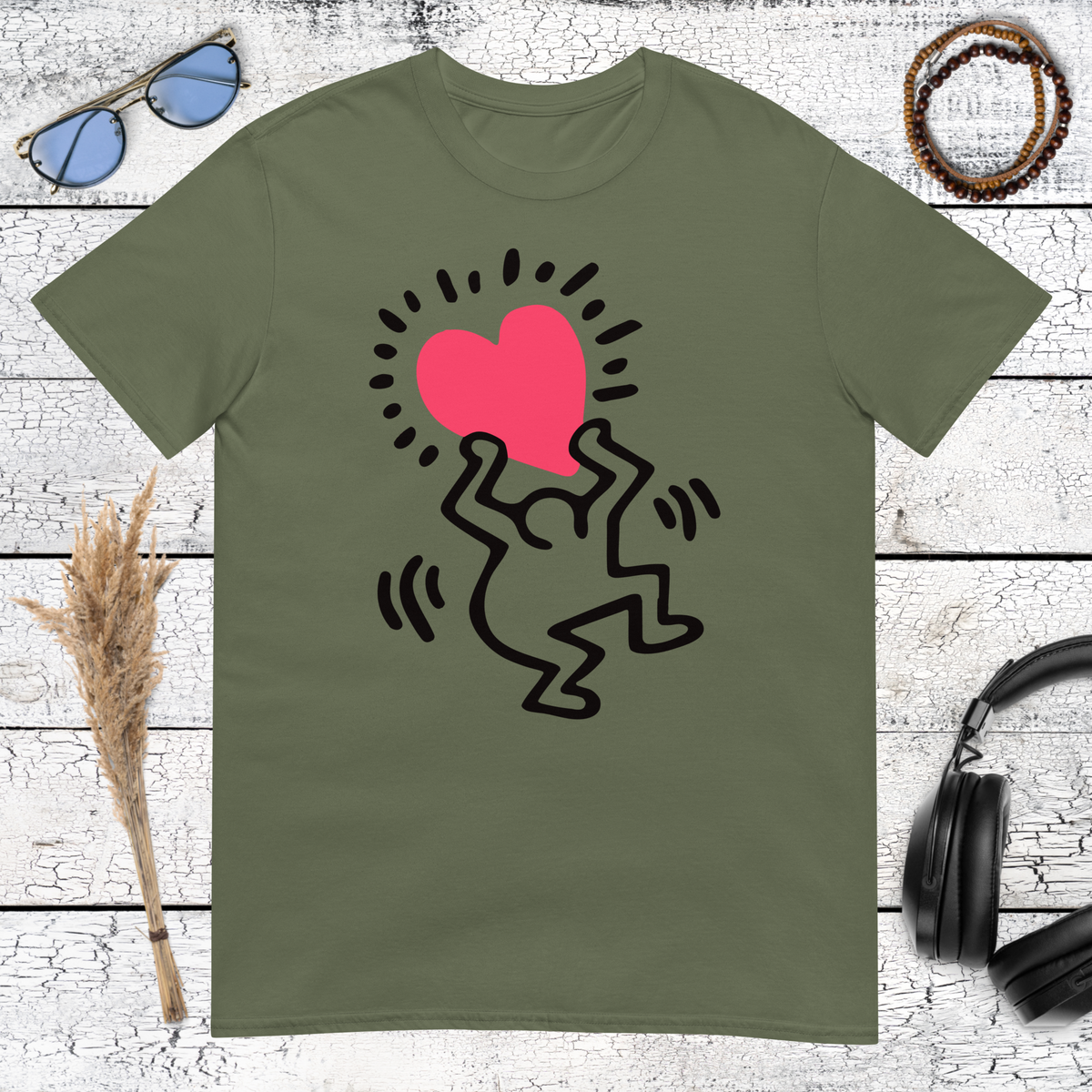 Military green t-shirt with modern art heart illustration