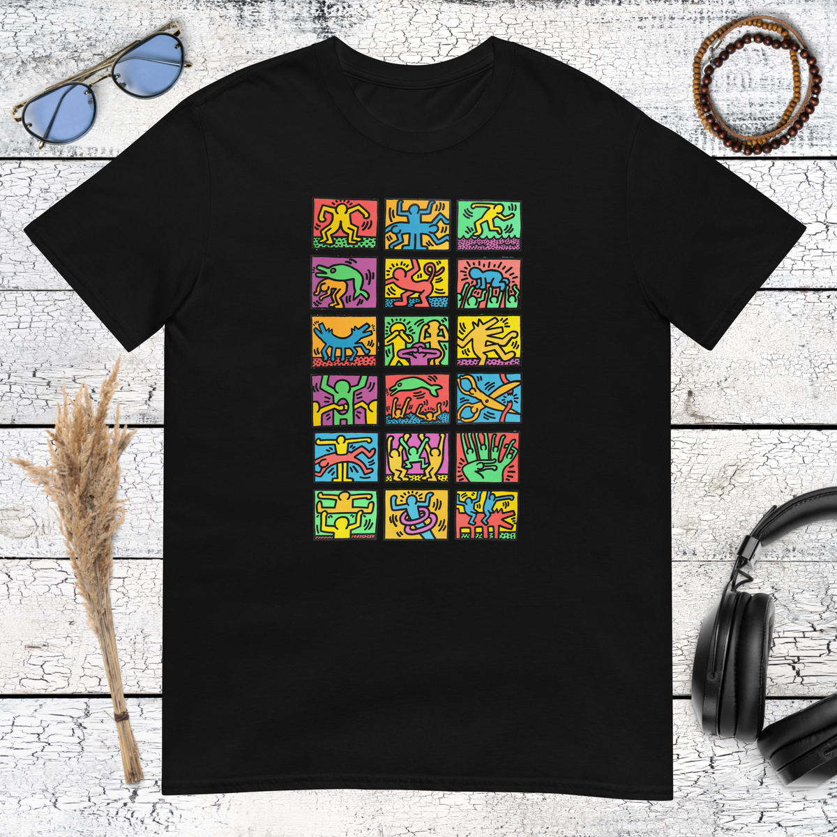 Black t-shirt with colorful Keith Haring style pop art character collage