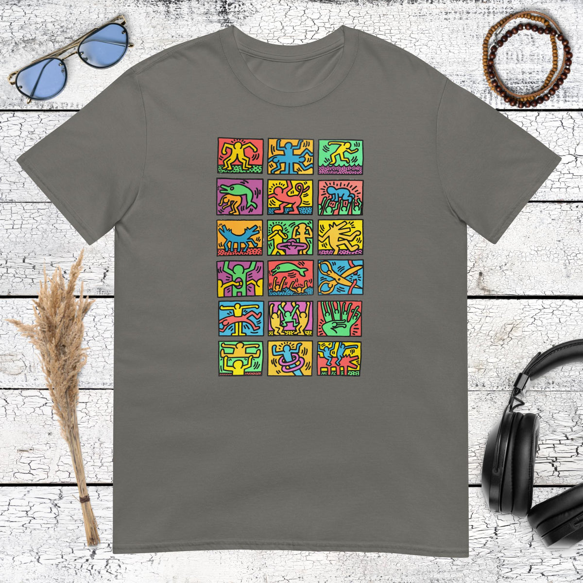 Charcoal t-shirt with iconic Keith Haring style abstract characters