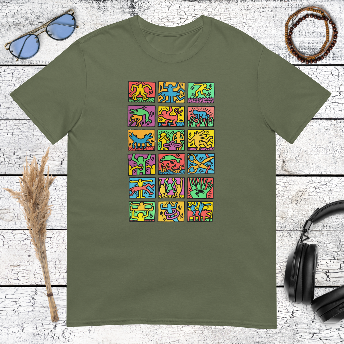 Military green t-shirt with urban Keith Haring style graphic art