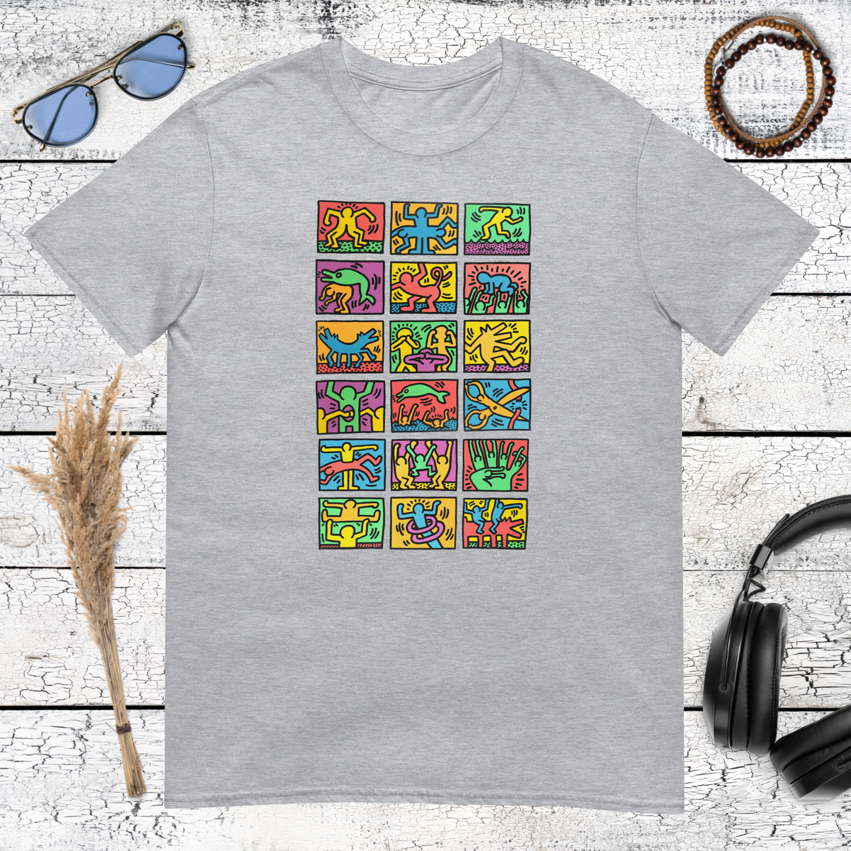 Sport grey t-shirt with iconic Keith Haring style abstract characters