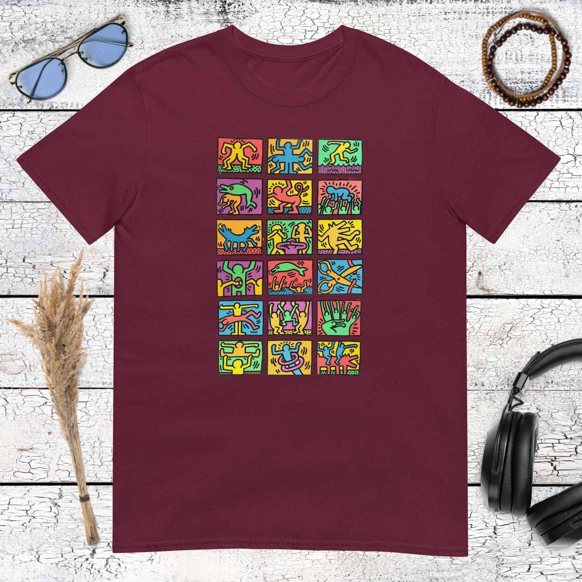 Maroon t-shirt with artistic Keith Haring style pop art illustration