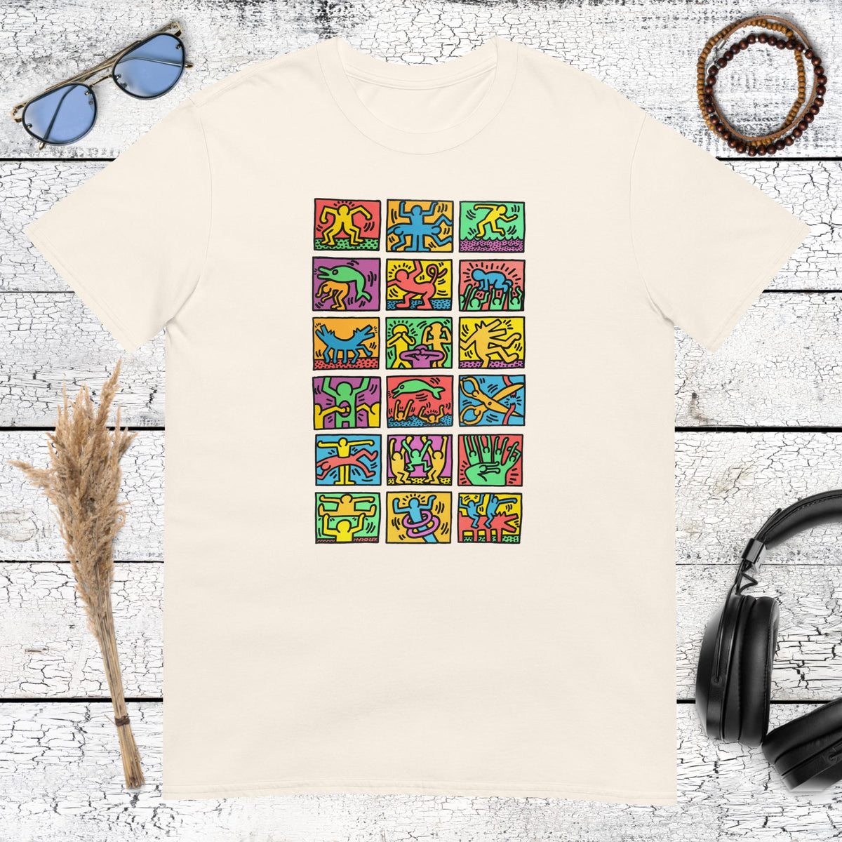 Natural cream t-shirt with vintage Keith Haring inspired colorful art
