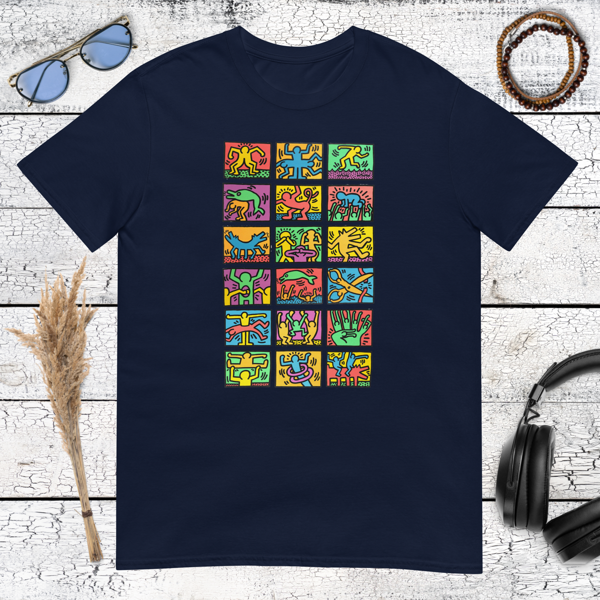 Navy blue t-shirt featuring vibrant Keith Haring inspired street art
