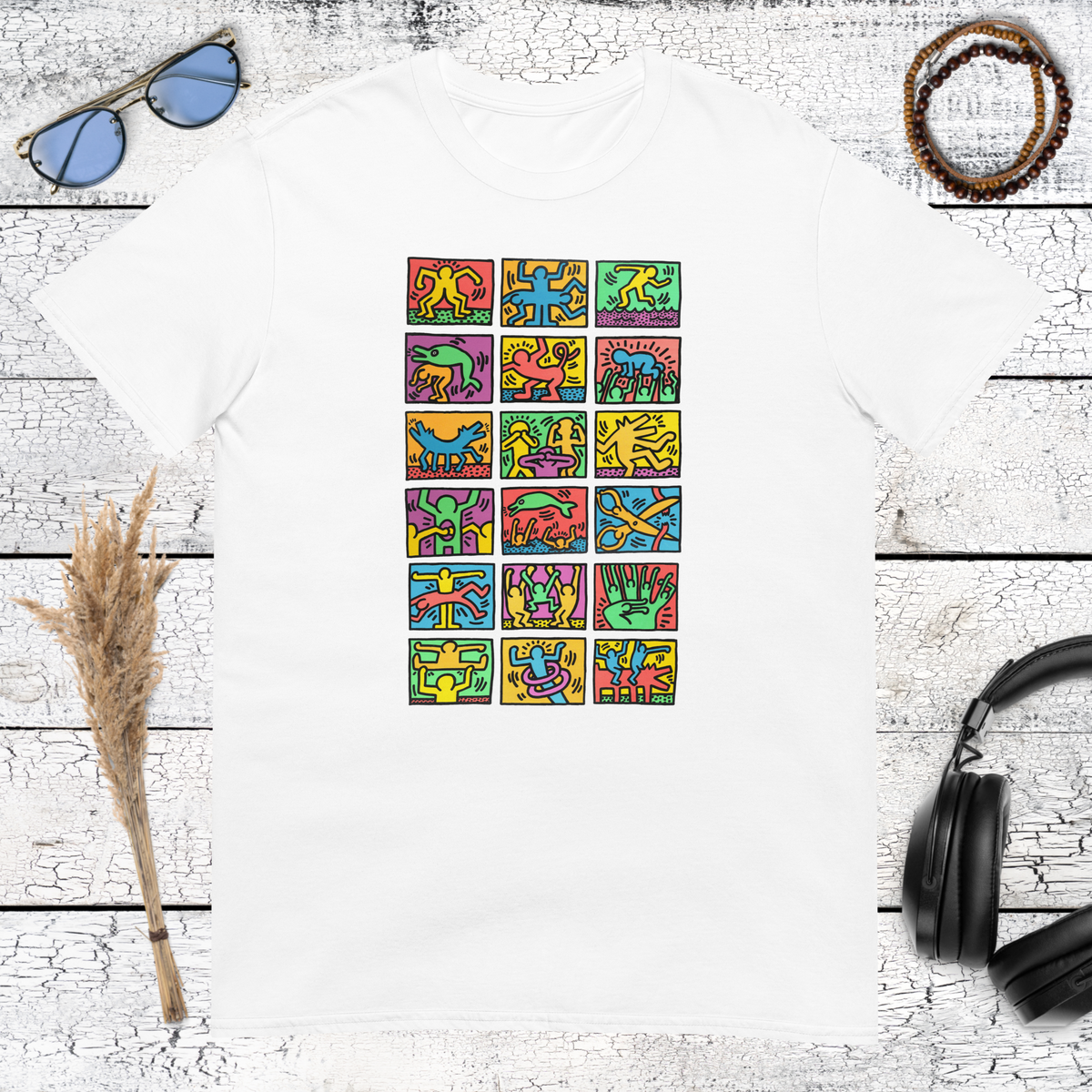 White cotton t-shirt featuring a colorful pop art character collage