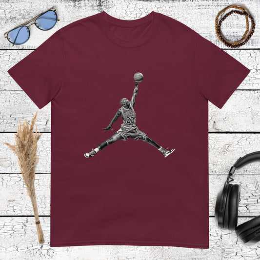 Maroon t-shirt with Michael Jordan mid-air dunk basketball graphic