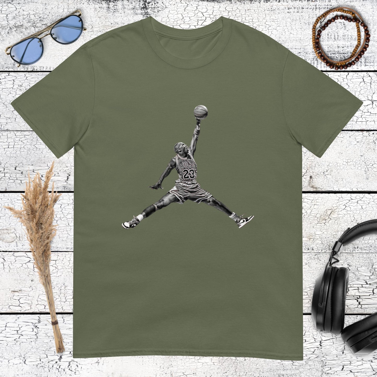 Military green t-shirt with Michael Jordan inspired basketball streetwear graphic