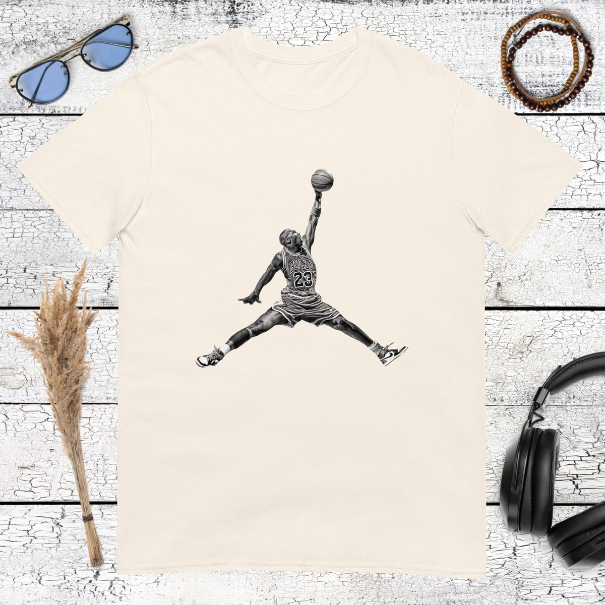 Natural cream t-shirt featuring a vintage Michael Jordan basketball dunk design